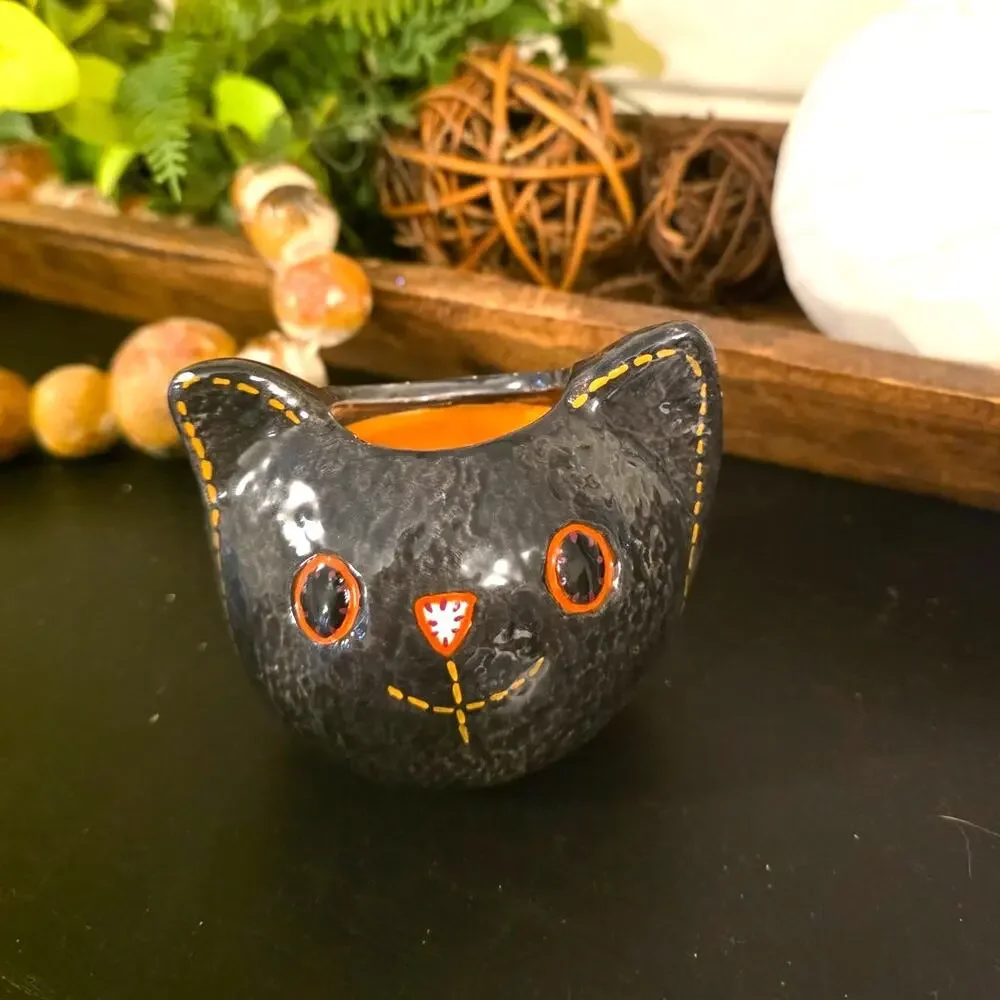 Halloween Black Kitty Cat Jar Orange Candle Holder Planter Candy Bowl Small